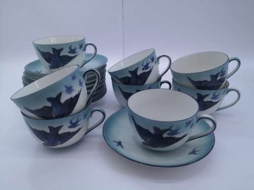 Vintage tea set swallows - Blue 8 cups and saucers