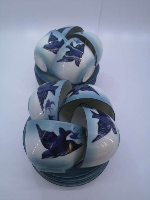 Vintage tea set swallows - Blue 8 cups and saucers