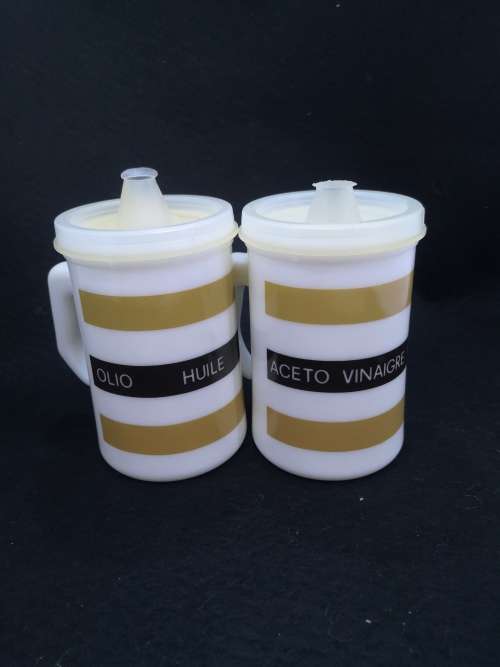 Vintage 60`s milk glass oil and vinegar with plastic tops