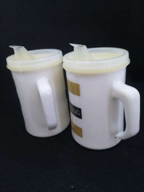 Vintage 60`s milk glass oil and vinegar with plastic tops