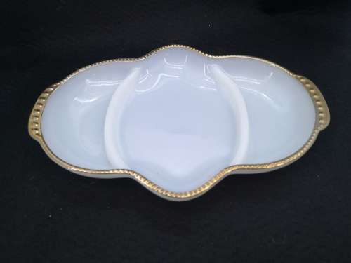 Vintage Anchor Hocking Fire King milk glass dish with gold rim