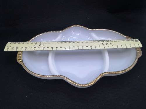 Vintage Anchor Hocking Fire King milk glass dish with gold rim