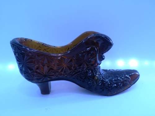 Vintage amber glass shoe/slipper -Two of them - one is repaired