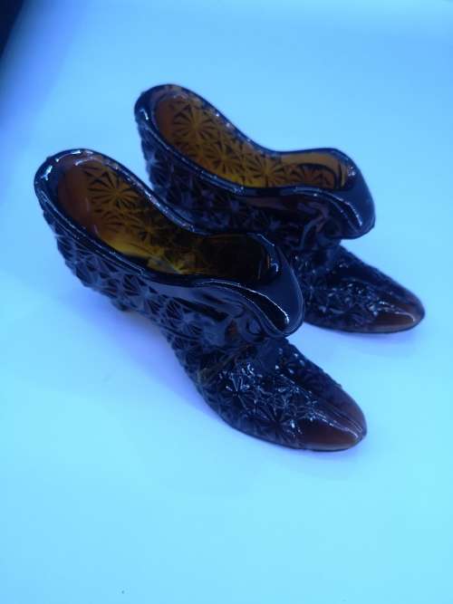 Vintage amber glass shoe/slipper -Two of them - one is repaired