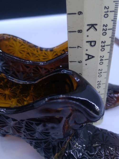 Vintage amber glass shoe/slipper -Two of them - one is repaired