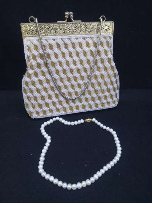 Fresh water pearls and vintage beaded handbag
