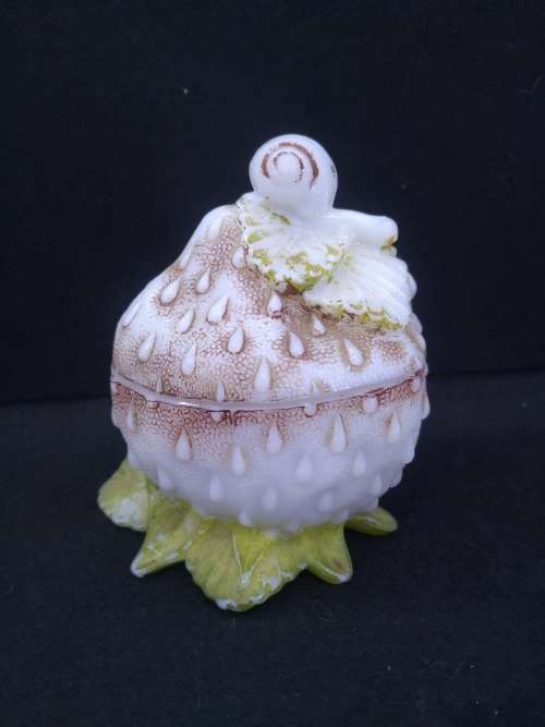 Vallerysthal Milk Glass Box Strawberry w Snail Painted France Antique