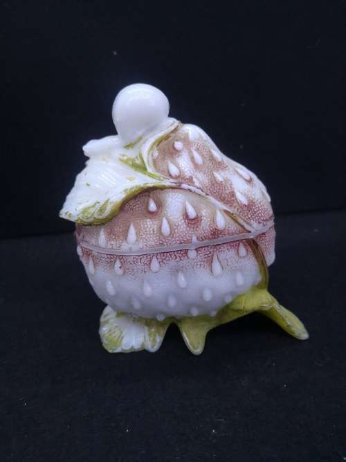 Vallerysthal Milk Glass Box Strawberry w Snail Painted France Antique