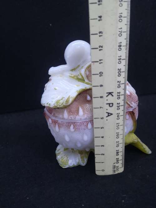 Vallerysthal Milk Glass Box Strawberry w Snail Painted France Antique