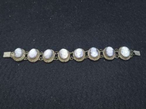 1930`s Vintage 800 Coin Silver Ornate Hand Carved Shell Cameo Bracelet Art Deco