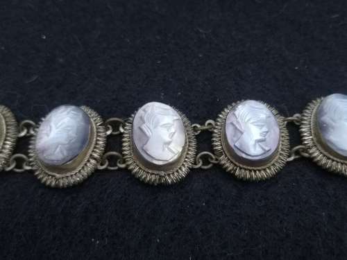 1930`s Vintage 800 Coin Silver Ornate Hand Carved Shell Cameo Bracelet Art Deco