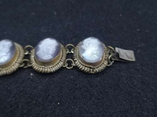 1930`s Vintage 800 Coin Silver Ornate Hand Carved Shell Cameo Bracelet Art Deco