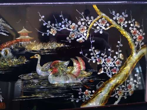 Lovely LARGE vintage Japanese musical jewelry box with dancing ballerina Black Lacquer Abalone inlay