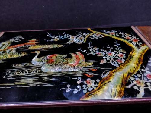 Lovely LARGE vintage Japanese musical jewelry box with dancing ballerina Black Lacquer Abalone inlay