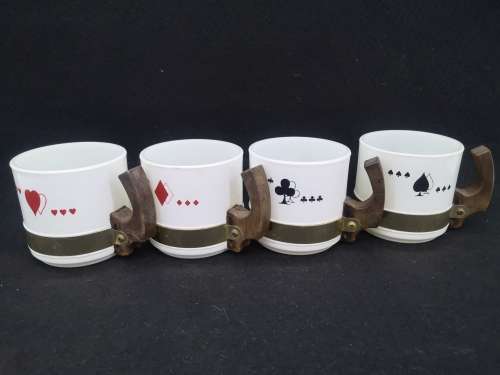 Set Vintage Siesta Ware coffee mugs Bridge/Poker  milk glass with suits and wooden handles