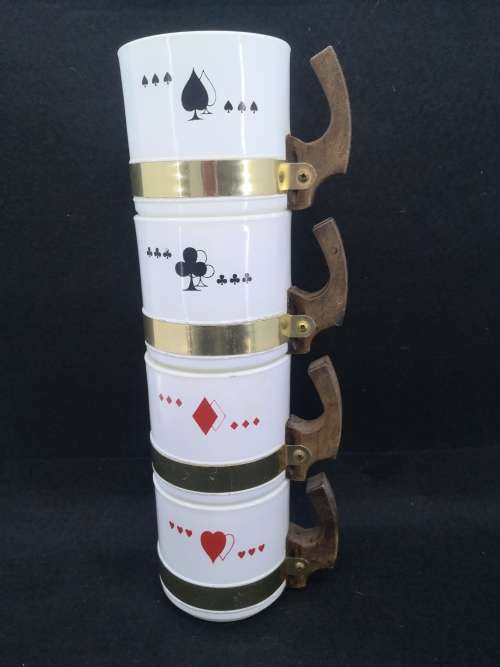 Set Vintage Siesta Ware coffee mugs Bridge/Poker  milk glass with suits and wooden handles