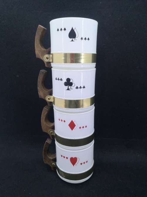 Set Vintage Siesta Ware coffee mugs Bridge/Poker  milk glass with suits and wooden handles
