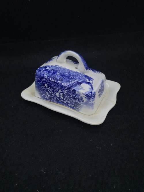 Repaired blue and white cheese dish and lid