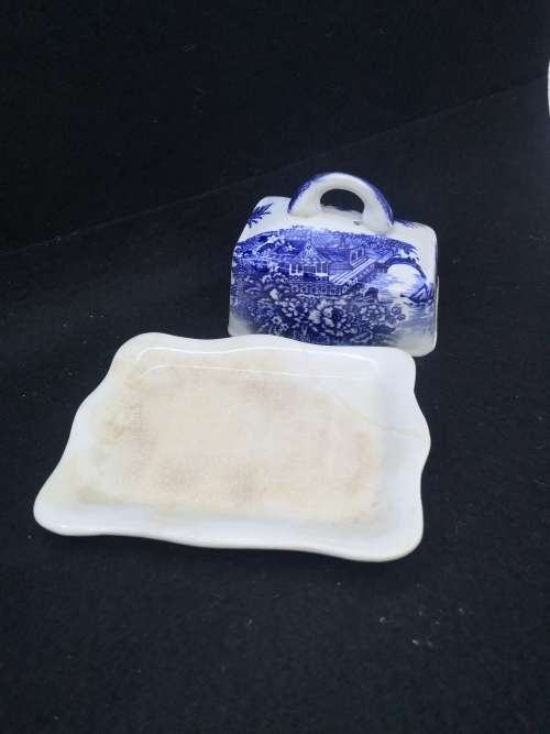 Repaired blue and white cheese dish and lid