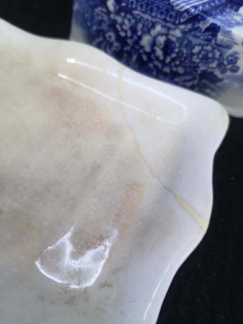 Repaired blue and white cheese dish and lid