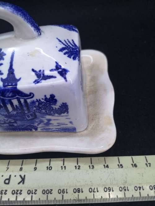 Repaired blue and white cheese dish and lid