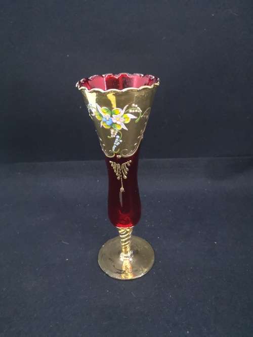 Vintage  Venetian Ruby red and 24k gold gilded floral vase