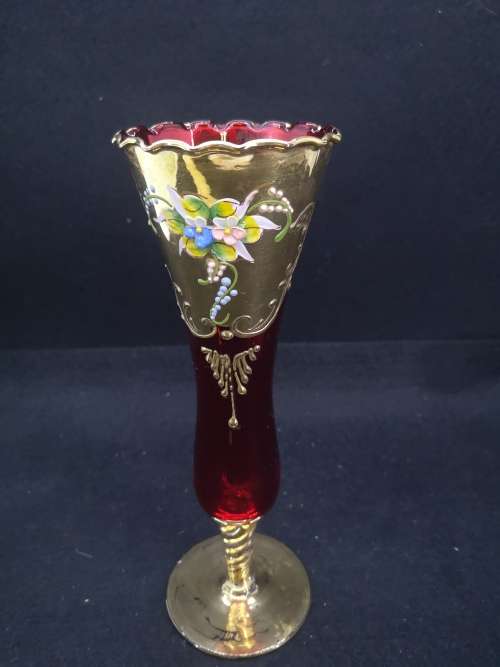 Vintage  Venetian Ruby red and 24k gold gilded floral vase