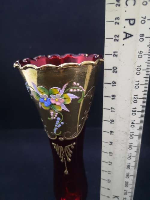 Vintage  Venetian Ruby red and 24k gold gilded floral vase