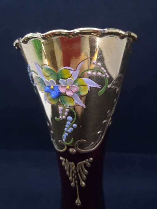 Vintage  Venetian Ruby red and 24k gold gilded floral vase