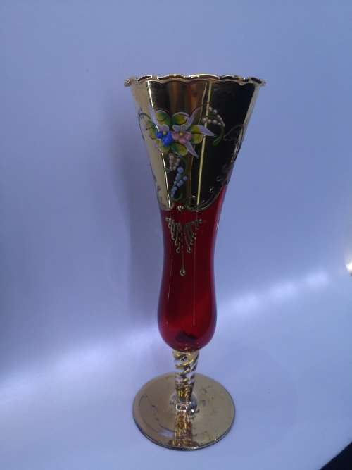 Vintage  Venetian Ruby red and 24k gold gilded floral vase