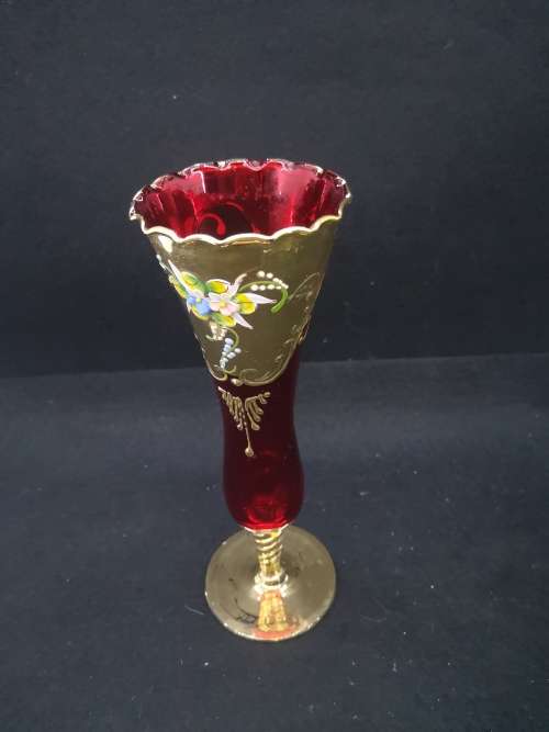 Vintage  Venetian Ruby red and 24k gold gilded floral vase