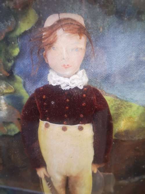 Vintage handmade dolls framed in boxed frame with glass - look!
