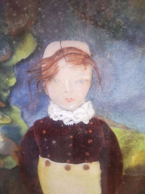 Vintage handmade dolls framed in boxed frame with glass - look!