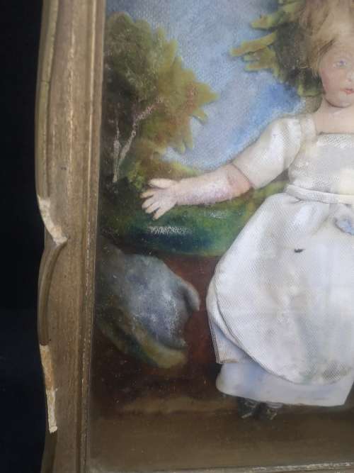 Vintage handmade dolls framed in boxed frame with glass - look!