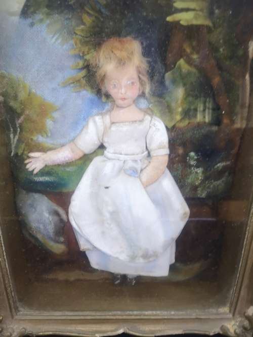 Vintage handmade dolls framed in boxed frame with glass - look!