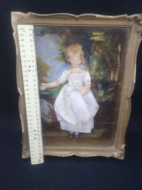 Vintage handmade dolls framed in boxed frame with glass - look!