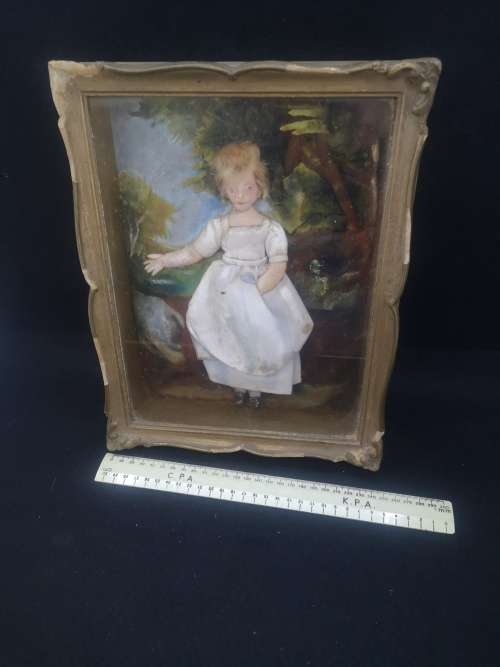 Vintage handmade dolls framed in boxed frame with glass - look!