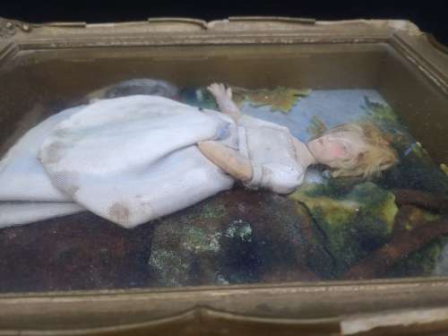Vintage handmade dolls framed in boxed frame with glass - look!