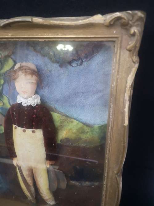 Vintage handmade dolls framed in boxed frame with glass - look!