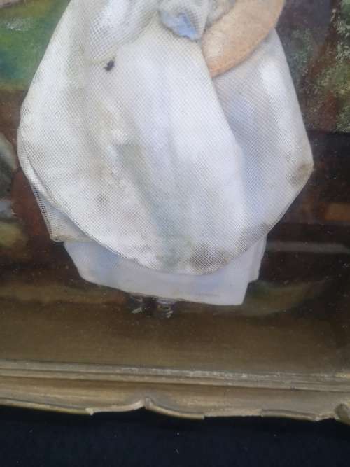 Vintage handmade dolls framed in boxed frame with glass - look!