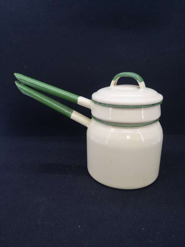 Green and yellow enamel double boiler