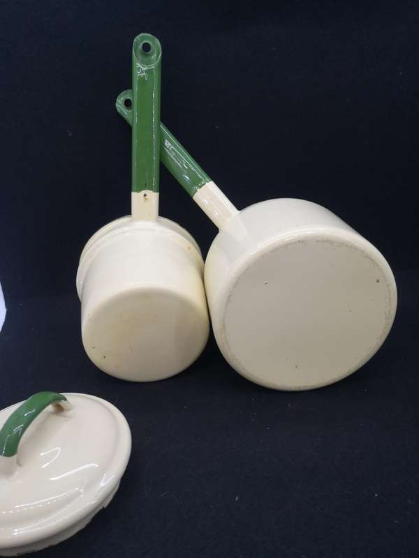 Green and yellow enamel double boiler