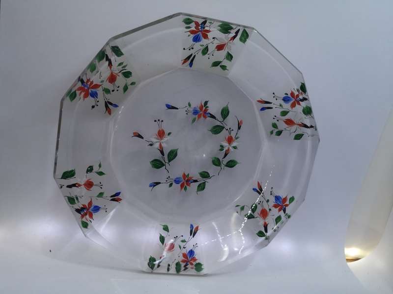 Heavy and thick glass plate with two side plates - hand painted