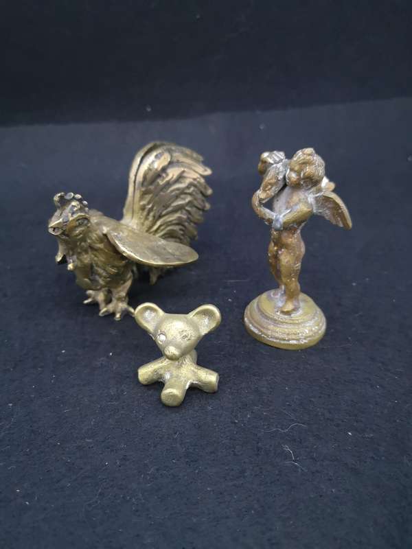 Vintage brass ornaments - Cherub carrying dolphin / Bear - solid brass and Rooster