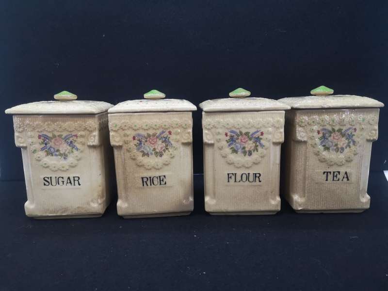 Ceramic Cannister set - age related color spots and crazing cracks - one lid damaged as per pic