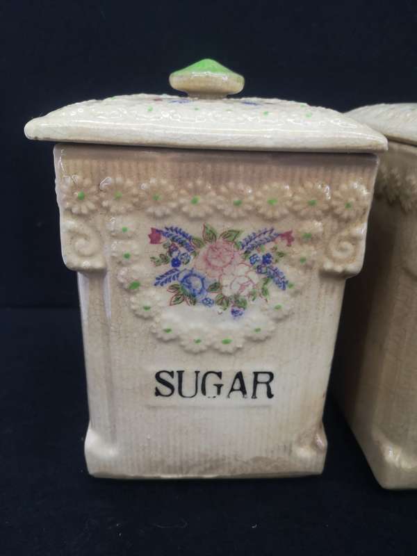 Ceramic Cannister set - age related color spots and crazing cracks - one lid damaged as per pic