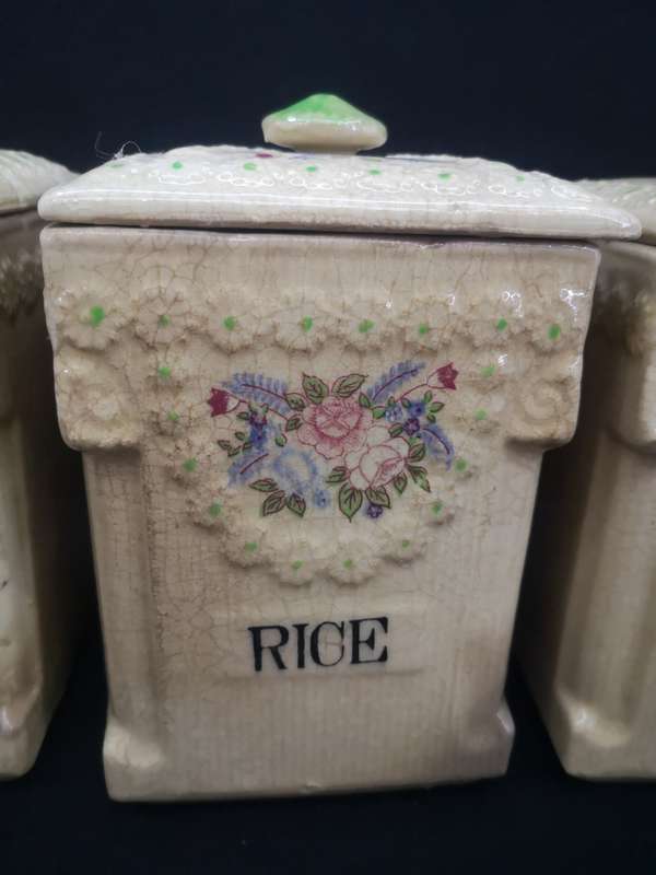 Ceramic Cannister set - age related color spots and crazing cracks - one lid damaged as per pic