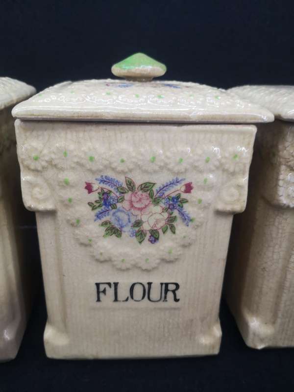 Ceramic Cannister set - age related color spots and crazing cracks - one lid damaged as per pic