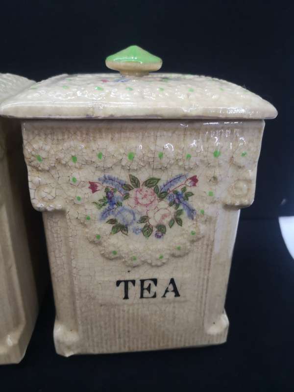 Ceramic Cannister set - age related color spots and crazing cracks - one lid damaged as per pic
