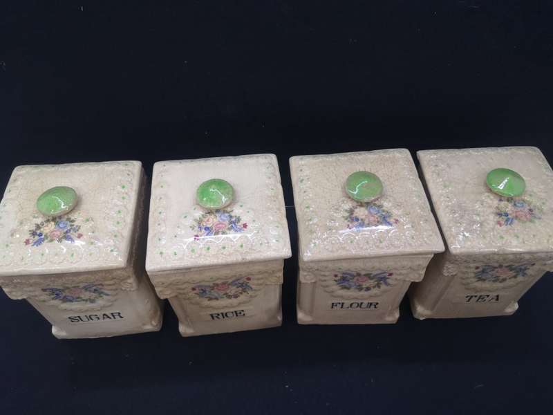 Ceramic Cannister set - age related color spots and crazing cracks - one lid damaged as per pic